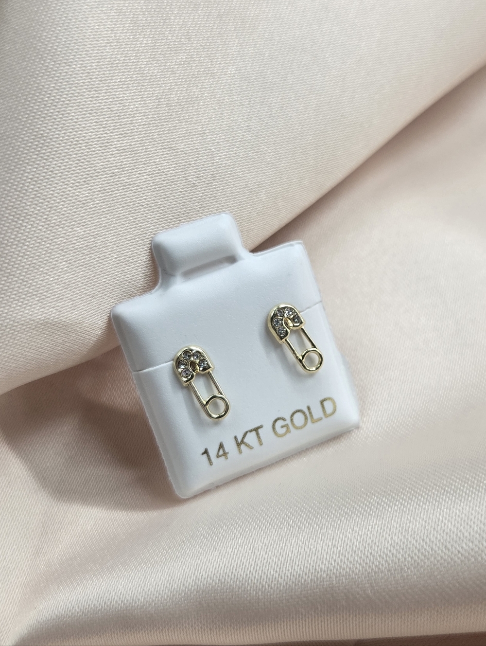 14KT Gold Safety Pin Stud Earrings with Cubic Zirconia